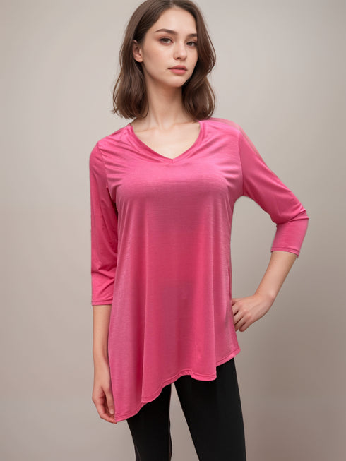 V - Neck Asymmetrical 3/4 Sleeve Tunic Top- T564