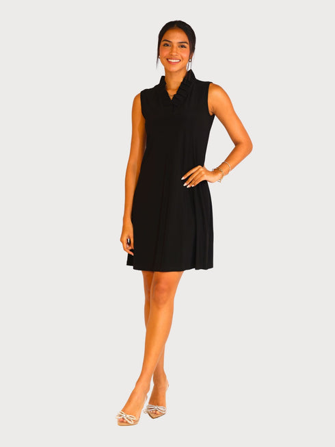 V NECK RUFFLED COLLER SLEEVE LESS DRESS - D096