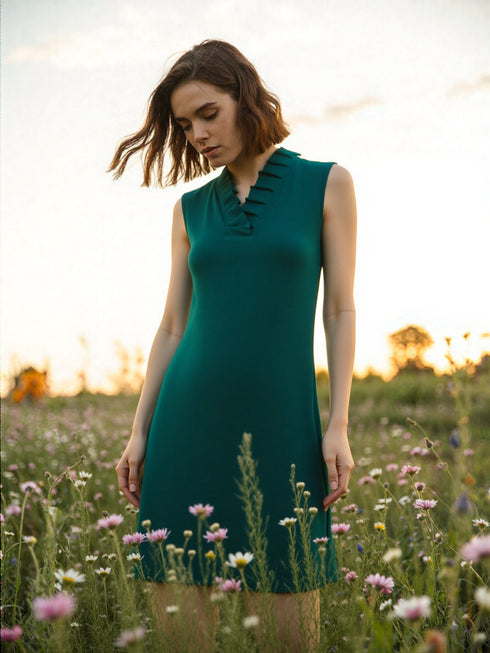 V NECK RUFFLED COLLER SLEEVE LESS DRESS - D096