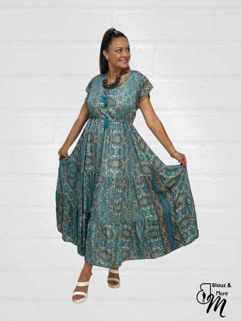 Short Sleeve Round Neck Smocked Waist Tiered Floral Flowy Maxi Dress - D10415