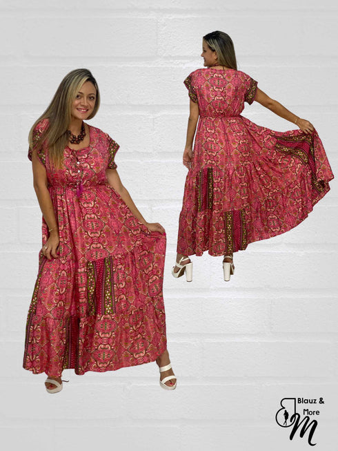 Short Sleeve Round Neck Smocked Waist Tiered Floral Flowy Maxi Dress - D10415