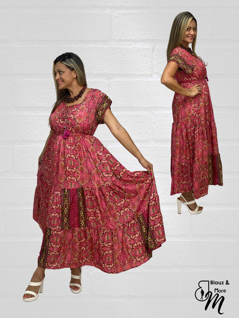 Short Sleeve Round Neck Smocked Waist Tiered Floral Flowy Maxi Dress - D10415