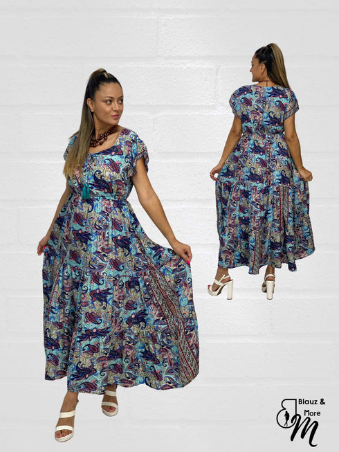 Short Sleeve Round Neck Smocked Waist Tiered Floral Flowy Maxi Dress - D10415