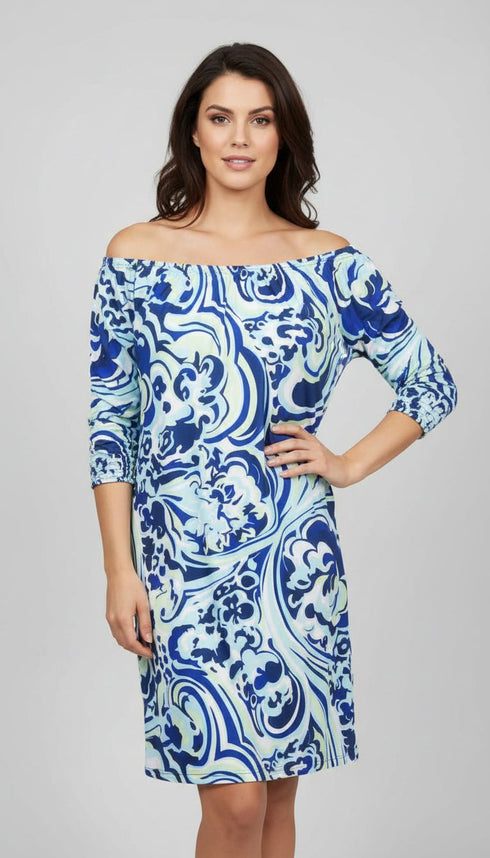 Off Shoulder Flowing Dress with Elastic band Sleeves and Side Pockets- D2068