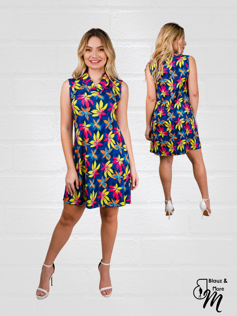 V NECK RUFFLED COLLER SLEEVE LESS DRESS - D2096