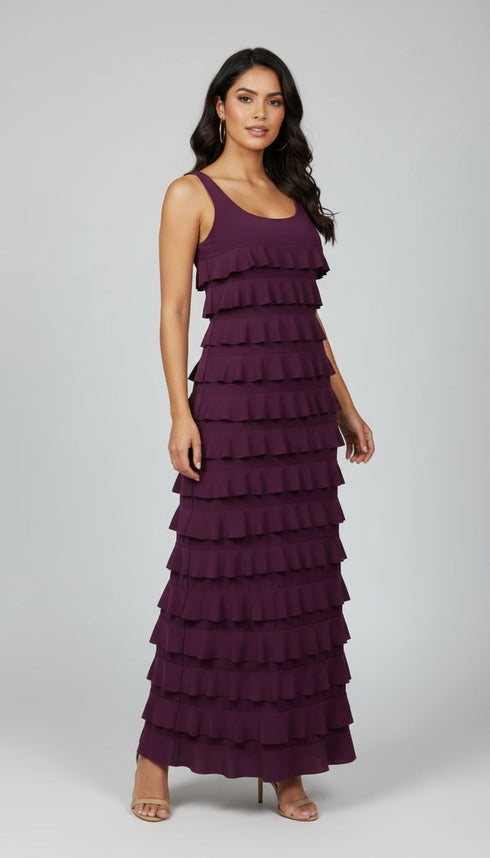 Long Ruffle Maxi Solid color Dress Sleeveless -D211