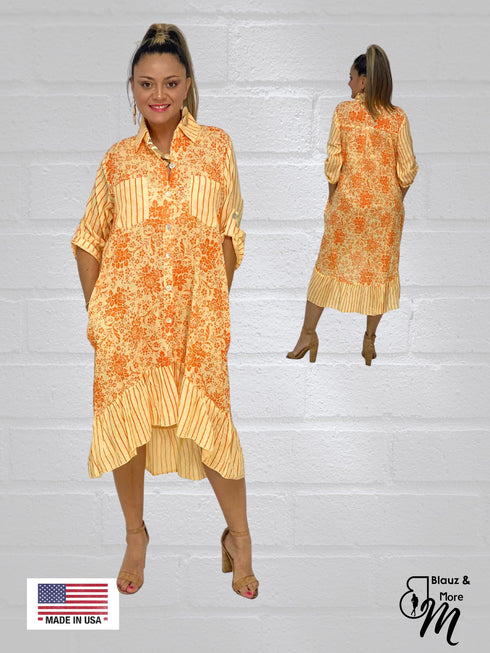 3/4 Sleeves Long Shirt Dress with collar & Pockets - D6264