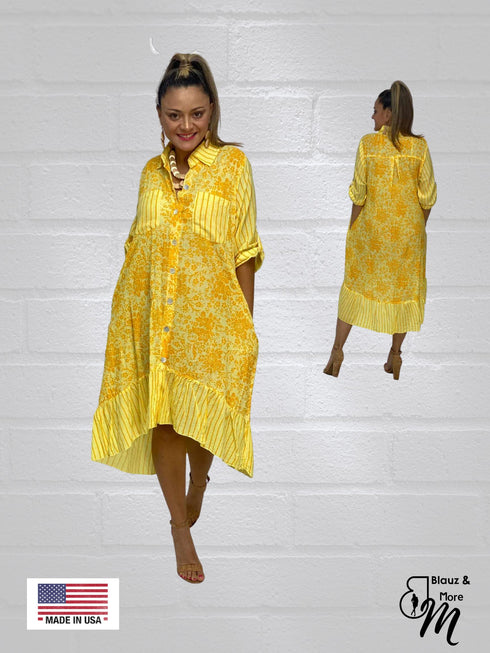 3/4 Sleeves Long Shirt Dress with collar & Pockets - D6264