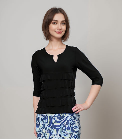 Cut-out V neck 3/4 sleeves Ruffle top T709