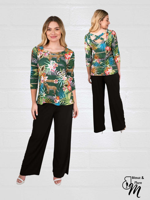 Elegant Boyfriend Neckline Criss Cross Back 3/4 Sleeves Tunic Top - T2063