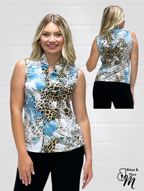 Stand Collar Pleated Frilled Ruffle Sleeveless Top - T2623