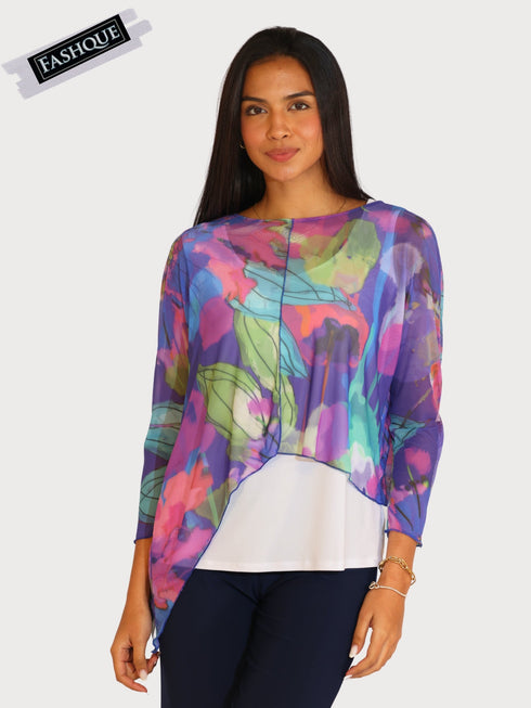 Asymmetrical Mesh See - Through Poncho Top - T2637