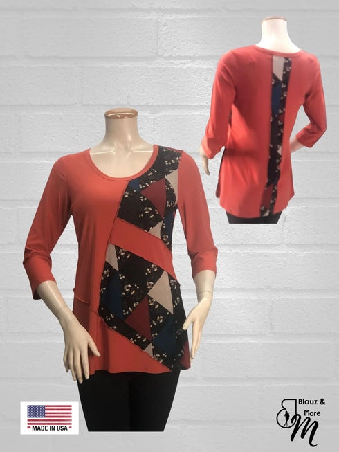 Color Block Plain and Print Combo Scoop Neck 3/4 Sleeve Tunic - T535