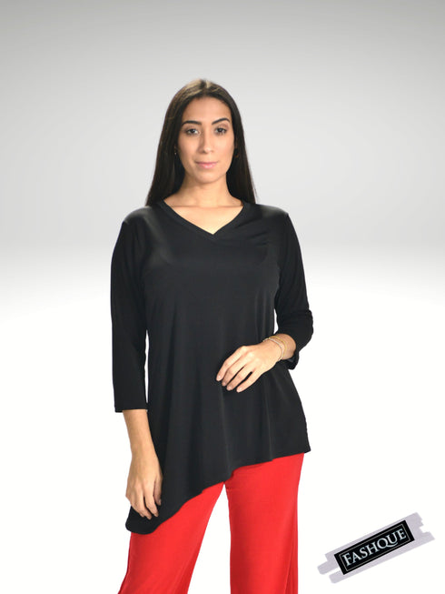V - Neck Asymmetrical 3/4 Sleeve Tunic Top- T564