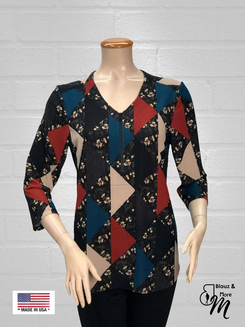 Zipper Front V Neck 3/4 Sleeve Tunic Top - T610