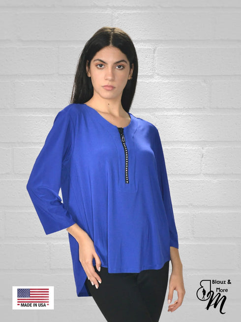 Zipper Front V Neck 3/4 Sleeve Tunic Top - T610