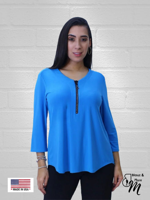 Zipper Front V Neck 3/4 Sleeve Tunic Top - T610