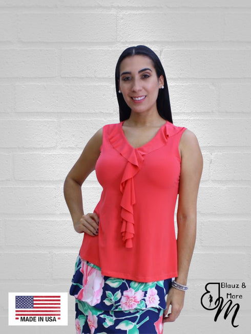 V neck Ruffle front sleeveless Top - T033