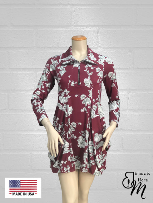 Tunic Long Sleeves Kangaroo Pocket Zipper Front Tunic/Dress