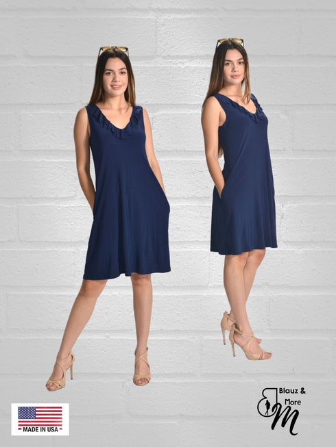 Ruffle Neck Skater Style tank dress with square back and Pocket-D006