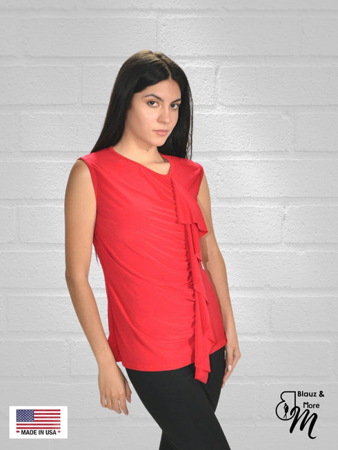 Round neck Ruffle on side sleeveless with rushing Top - T456