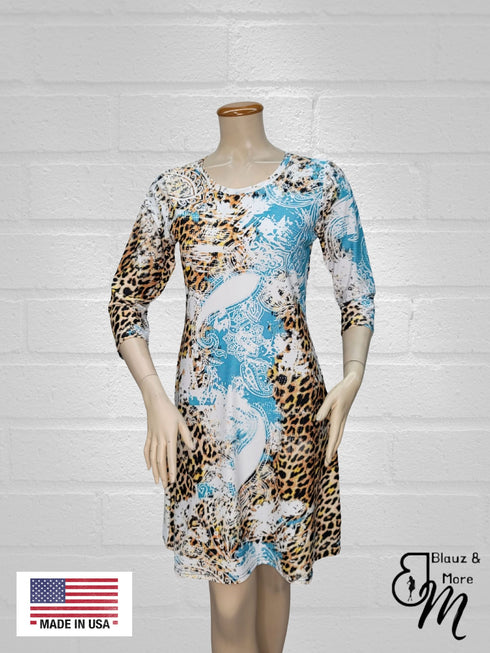 Digital Print Scoop Neck 3/4 Sleeve Dress - D090