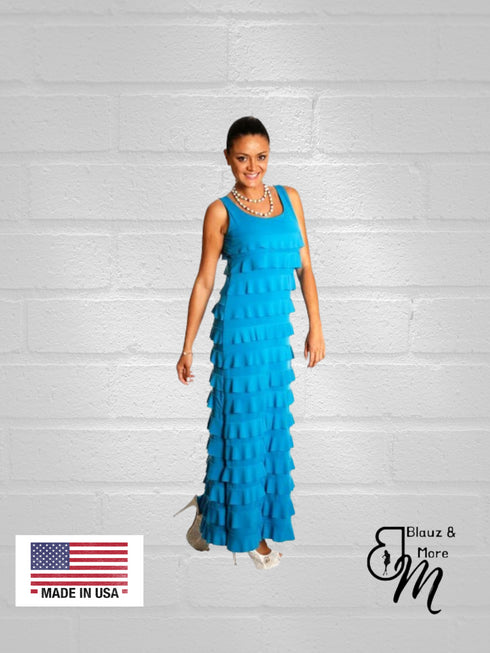 Long Ruffle Maxi Solid color Dress Sleeveless -D211