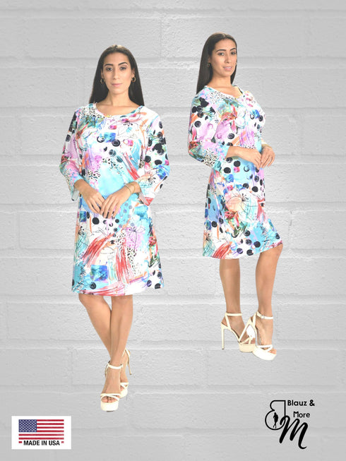 Digital Print Scoop Neck 3/4 Sleeve Dress - D090