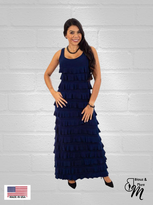 Long Ruffle Maxi Solid color Dress Sleeveless -D211