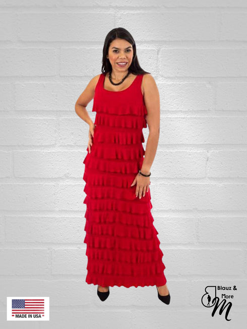 Long Ruffle Maxi Solid color Dress Sleeveless -D211